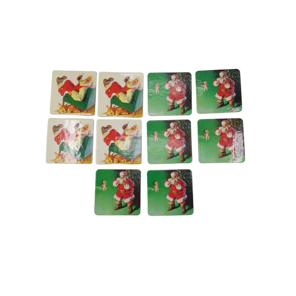 VTG Coca Cola Santa WIth Deer and Dog Coasters, Cork Back Set of 10